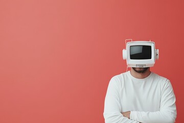 Poster - An individual wearing a retro television set as a helmet against a bright red background, depicting vintage style mixed with modern abstract art concepts.