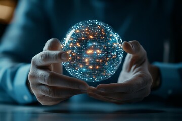 Poster - Innovative hands embrace a glowing digital sphere, filled with complex networks of light, symbolizing global connectivity and technological advancement.