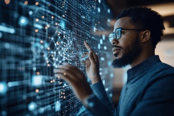 Poster - A man touches a virtual digital interface filled with glowing elements, representing technology, innovation, and data analysis in a futuristic environment.