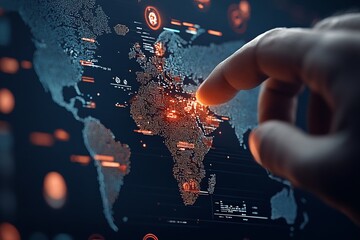 Poster - A hand points to a digital world map filled with data highlights, symbolizing navigation, intelligence, and the power of technology to connect regions.