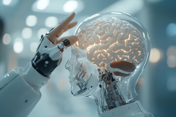 Poster - A robot hand gently holds a brightly lit brain within a digital realm, symbolizing the symbiosis between artificial intelligence and human intelligence in modern science.