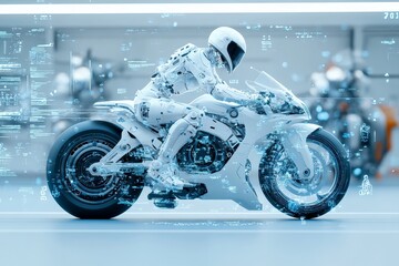 Poster - A robotic figure is skillfully operating a sleek, futuristic motorcycle, surrounded by a digital overlay of high-tech elements, showcasing advanced machinery.