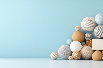 Poster - A collection of textured spheres artistically stacked against a blue background, showcasing contrast, depth, and a sense of playful sophistication.