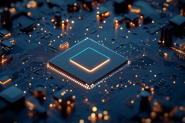 Poster - An illuminated CPU stands out against a complex blue circuit board, symbolizing computational power, technology advancement, and electronic innovation.