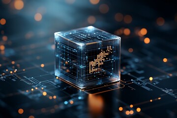 Poster - A digital cube with glowing elements and circuit lines represents advanced technology and innovation, emphasizing connectivity and futuristic design elements.