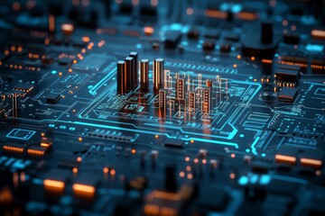 Poster - This image depicts a microchip architecture with components resembling city skylines, glowing in neon lights, signifying urbanization and technological evolution.