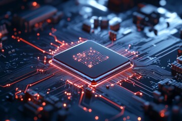 Poster - The red illuminated processor chip is centrally placed on an intricate circuit, showcasing technological advancement and modern electronic design aesthetics.