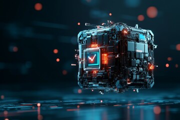 Poster - A highly stylized cube glowing with circuit designs, depicting a futuristic landscape of electronic engineering and digital connectivity, ideal for tech themes.