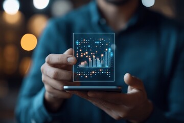 Poster - A futuristic image depicting a holographic data chart floating above a smartphone held in a person's hand, symbolizing data analysis and technology.