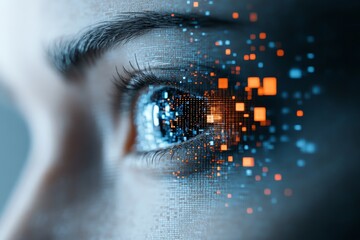Poster - A close-up view of a human eye with pixelated digital patterns overlaying the surface, representing the intersection of human perception and digital technology.