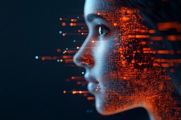 Poster - A woman’s profile illuminated by streams of glowing data points, representing the intersection of technology and human identity in a digital age.