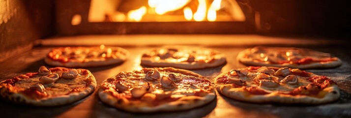 Poster - Delicious pizzas are baking in a hot oven, with flames providing a warm glow, as the kitchen prepares for the busy dinner rush. Generative AI