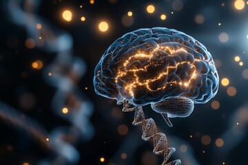 Poster - A digital art depiction of the human brain intertwined with DNA strands, featuring glowing light effects and elements signifying connectivity and innovation.