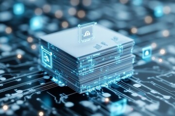 Poster - This image illustrates a stack of digital microchips on an integrated circuit board, symbolizing modern computing technology and the digital economy's backbone.