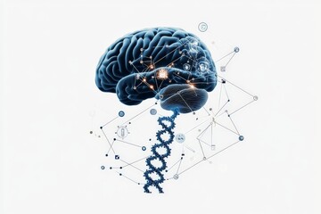 Poster - This image features a human brain interconnected with a network of digital nodes and a DNA strand, symbolizing the fusion of biology and technology in modern science.
