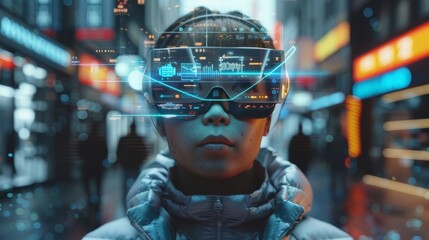 Poster - Young person wearing futuristic augmented reality glasses explores a vibrant city at night, interacting with holographic data and information displayed in their field of vision