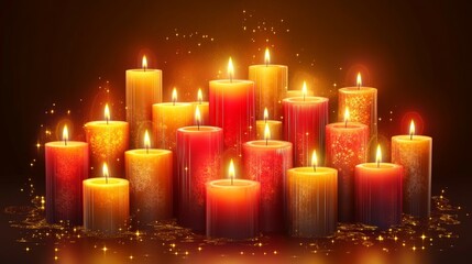 Wall Mural - Warm festive glow of golden and red candles arranged on a dark background for a cozy atmosphere