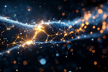 Poster - An abstract representation of blue and orange digital light particles forming a dynamic mesh, symbolizing connectivity and innovation amidst a dark background.