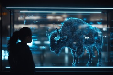 Poster - A hologram of a bison stands illuminated in an advanced digital display, representing the intersection of technology and nature with a futuristic aesthetic.