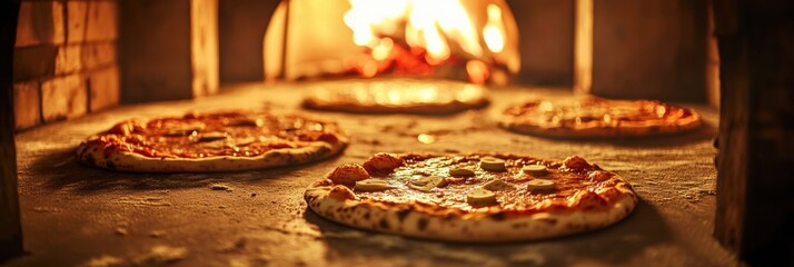 Poster - Several pizzas bake perfectly in a hot wood-fired oven, surrounded by vibrant flames, creating a delicious culinary atmosphere. Generative AI
