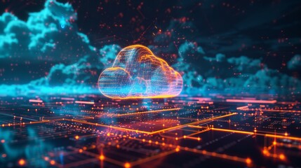 Poster - Glowing wireframe cloud hovers over futuristic circuit board with blue and orange lights, symbolizing cloud computing technology