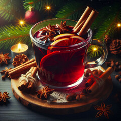 Wall Mural - A steaming mug of mulled wine with cinnamon sticks and star anise, surrounded by festive Christmas decorations