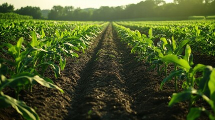 Poster - The garden features vibrant straight rows of vegetables thriving under the warm afternoon sun, revealing healthy green foliage. Generative AI