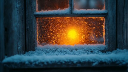 Poster - The soft orange light filters through a snowy window, creating a warm atmosphere inside a rustic cabin during a serene winter evening, with snowflakes clinging to the glass.