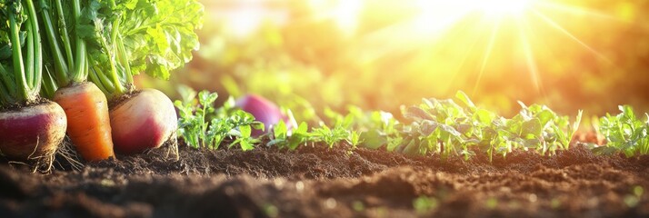 Poster - Fresh carrots, beets, and onions bask in the golden sun, highlighting their vibrant colors in a tranquil morning atmosphere. Generative AI