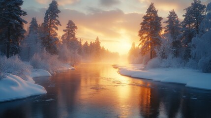 Aufkleber - The sun rises over a picturesque winter landscape, illuminating a frozen river and casting warm light on snow-draped trees. The atmosphere is calm and serene.