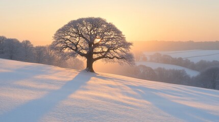 Poster - A lone tree rises above the pristine snow, its branches dusted with frost, as the soft light of dawn creates a magical winter atmosphere.
