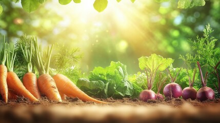 Poster - Sun rays shine down on fresh carrots, beets, and onions, highlighting their colors amidst lush green leaves in rich soil. Generative AI