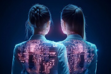 Poster - This image shows two women from the back, integrated with futuristic digital circuitry overlays on their bodies, symbolizing technology's role in human identity.