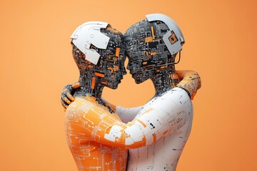 Poster - Two androids adorned with vivid orange and white circuitry share an intimate embrace, showcasing dynamic technology and a blend of human emotion and innovation.