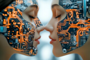 Poster - An intimate and artistic portrayal of two android faces gently touching, with intricate glowing circuitry patterns, symbolizing a fusion of technology and affection.