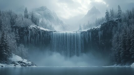 Aufkleber - A majestic waterfall flows down steep cliffs, partially frozen, surrounded by icy trees. The atmosphere is serene, with mist rising from the water against a backdrop of mountains.