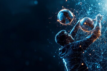 Poster - Futuristic digital artwork depicting a man's silhouette interacting with glowing spheres amid a network of lines, capturing a sense of action and modern technological aesthetic.