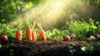 Poster - Freshly harvested carrots, beets, and onions glow as sun rays illuminate a thriving garden, showcasing nature's harvest at twilight. Generative AI