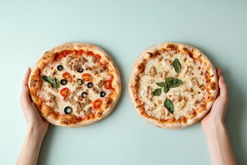 Two delicious homemade pizzas held by hands, showcasing a variety of colorful toppings including cherry tomatoes, olives, and fresh basil on a light background.