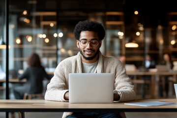 Poster - A focused individual working on a laptop in a stylish, contemporary open-concept workspace, reflecting modern work culture and digital connectivity.