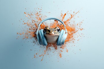 Poster - A frog wearing large blue headphones is surrounded by a dynamic splatter of orange paint, creating a whimsical and surreal visual effect against a soft background.