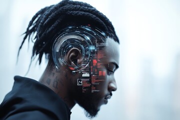 Poster - An individual with a detailed digital interface integrated into their hair, symbolizing advanced technology and futuristic life in early 21st-century style.