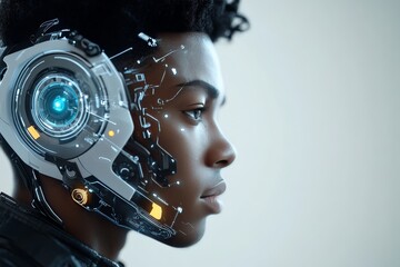 Poster - A young man with advanced cybernetic enhancements on his head, merging human features with futuristic technology in a digital art style image.