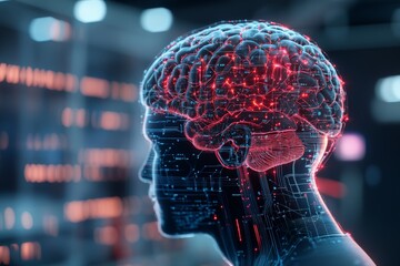 Poster - An artistic representation of a digital brain glowing with circuitry, symbolizing artificial intelligence and its impact on modern technology and human innovation.