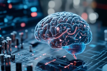 Poster - A sophisticated neural network pattern is depicted on a luminous motherboard, glowing with blue and red tones, symbolizing connectivity and future technology.