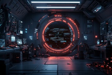 Poster - A highly advanced futuristic control room features a glowing circular portal, surrounded by high-tech panels and screens, evoking space exploration themes.