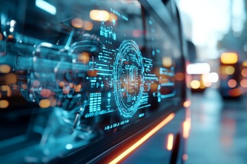 Poster - A high-tech digital interface on a futuristic vehicle, displaying holographic elements, emphasizing the integration of technology in modern transport systems.
