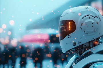 Poster - A cybernetic robot featuring a sleek helmet design in a futuristic setting, surrounded by ambient city lighting, representing advanced AI and technology.
