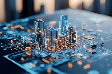 Poster - A digital blueprint of a cityscape features glowing neon outlines of skyscrapers, symbolizing innovation, technological progress, and the futuristic vision of urban planning.