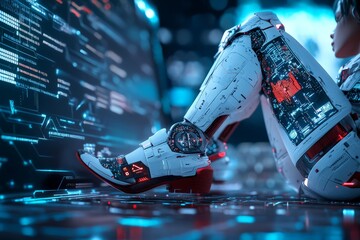 Poster - A futuristic cyborg contemplates in a neon-lit digital workspace, surrounded by holographic data interfaces, symbolizing technology and human connection.